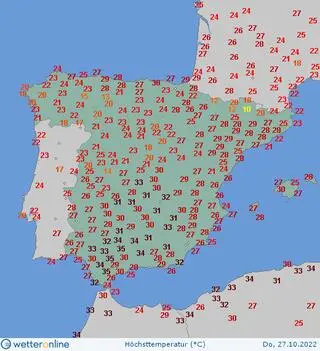 Najwyższa temperatura w czwartek 27.10 w Hiszpanii