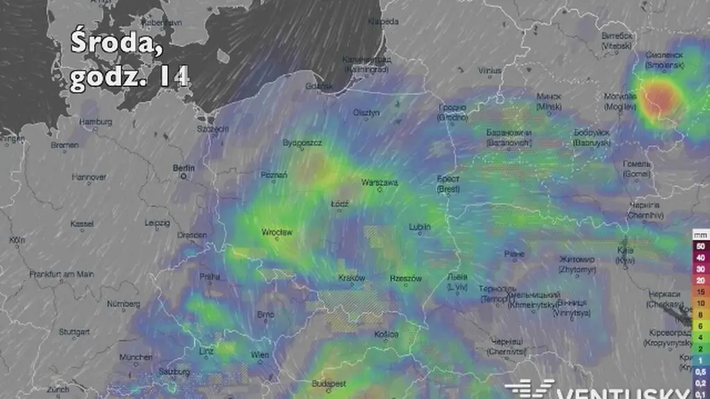 Opady deszczu w kolejnych dniach (Ventusky