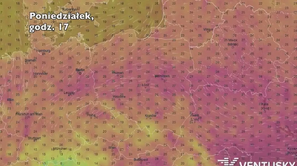 Temperatura w ciągu najbliższych pięciu dni (Ventusky