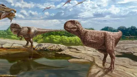 Nowo odkryty abelizaur (pierwszy od prawej) w środowisku naturalnym - wizja artystyczna