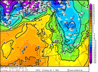 Jęzor zimna pod koniec stycznia – prognoza pola temperatury na 29 stycznia na wysokości 1,5 km, spływ zimna w niżu rosyjskim. Model GFS.