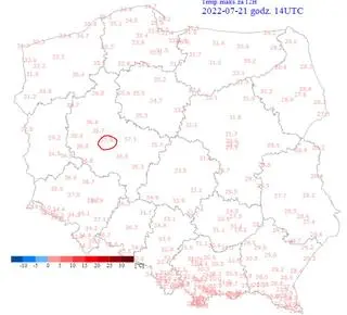 Najwyższe temperatury 21.07.22 około godziny 17