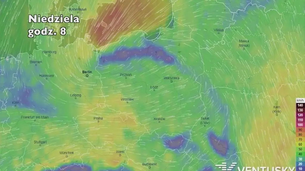 Prędkość porywów wiatru w najbliższych dniach (ventusky