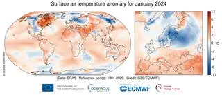 Anomalia temperatury powietrza przy powierzchni ziemi dla stycznia 2024 w stosunku do średniej styczniowej dla okresu 1991-2020