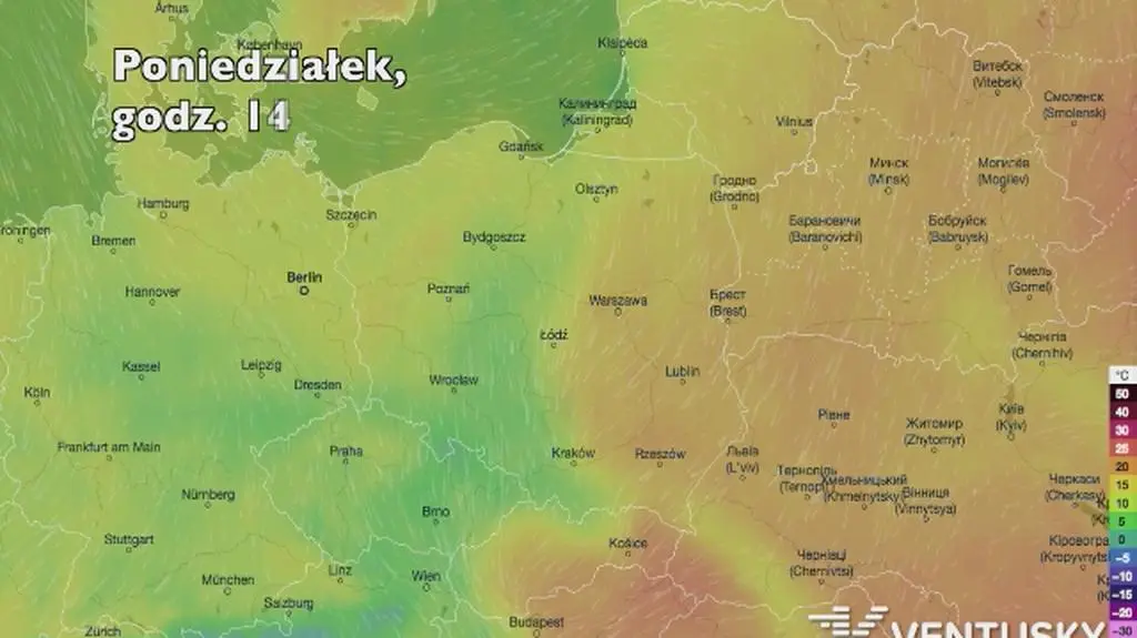 Temperatura w ciągu w kolejnych pięciu dni (Ventusky