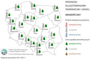 Prognoza średniej miesięcznej temperatury powietrza i miesięcznej sumy opadów atmosferycznych na grudzień 2021 r. dla wybranych miast w Polsce