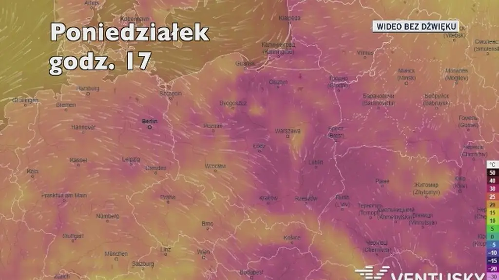 Temperatura w ciągu kolejnych pięciu dni (Ventusky
