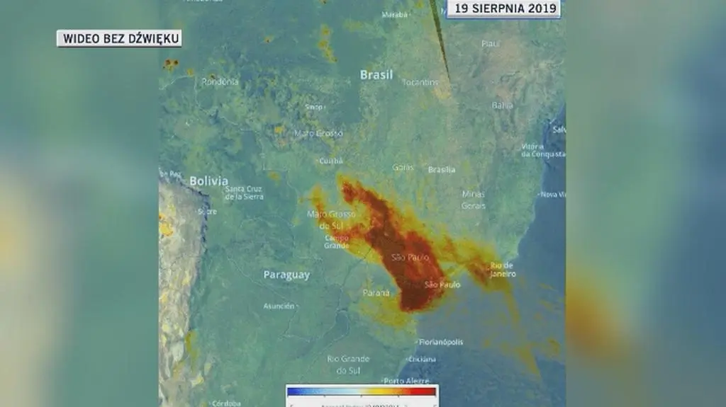Aerozole nad Brazylią (dane z Copernicus, przetworzone przez KNMI)