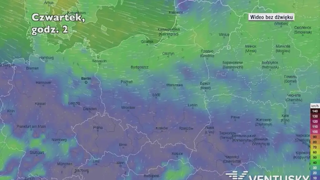 Potencjalne porywy wiatru w kolejnych dniach (Ventusky