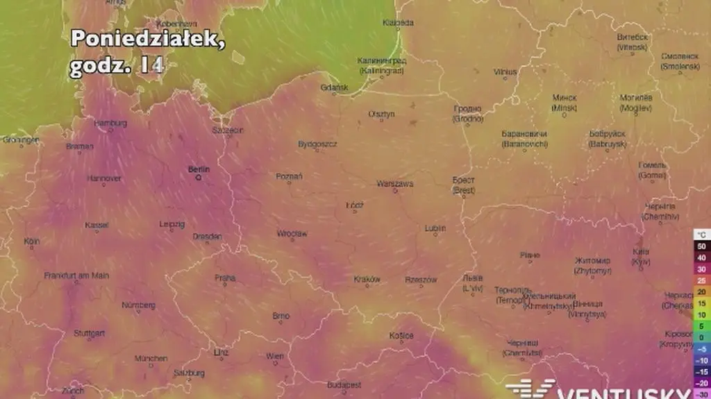 Temperatura w ciągu najbliższych pięciu dni (Ventusky