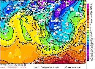 Temperatura na wys. 1,5 km 10 marca 2023. Model GFS