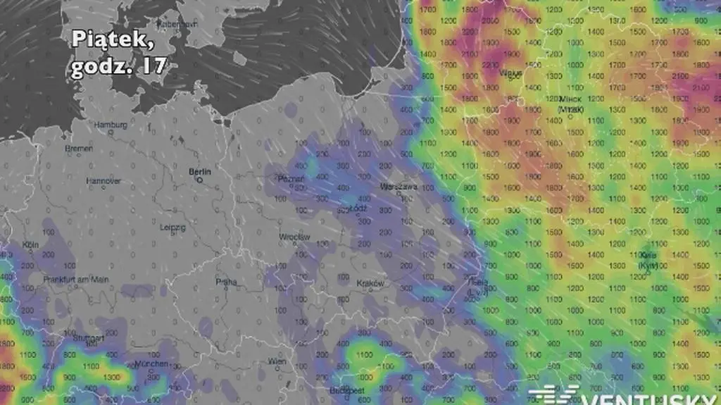 Potencjalny rozwój burz w ciągu najbliższych pięciu dni (Ventusky