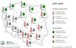 Prognoza średniej miesięcznej temperatury powietrza i miesięcznej sumy opadów atmosferycznych na luty 2023 r. dla wybranych miast w Polsce