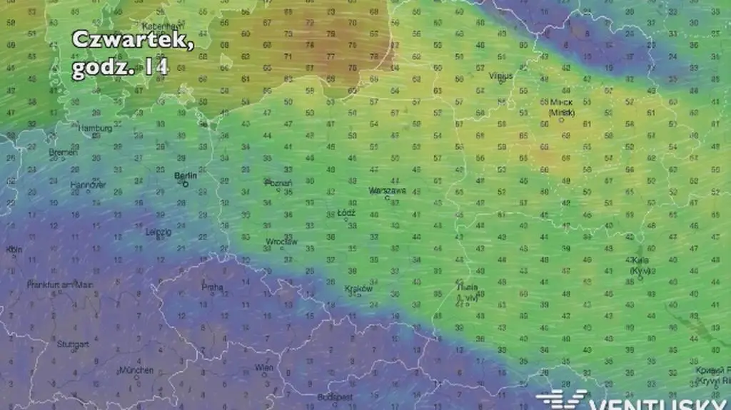 Porywy wiatru w ciągu najbliższych pięciu dniu (Ventusky