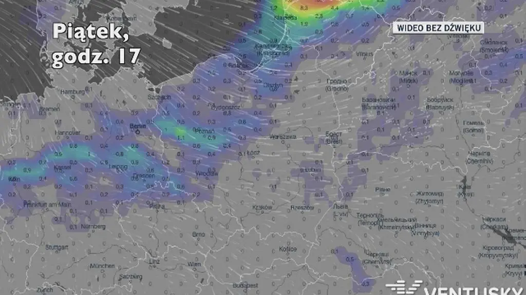 Opady deszczu w ciągu kolejnych pięciu dni (Ventusky