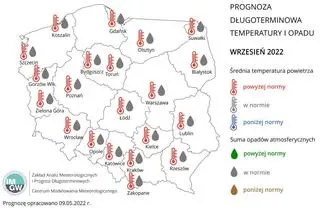 Prognoza średniej miesięcznej temperatury powietrza i miesięcznej sumy opadów atmosferycznych na wrzesień 2022 r. dla wybranych miast w Polsce