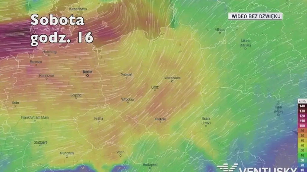 Prognozowane porywy wiatru w najbliższych dniach (Ventusky