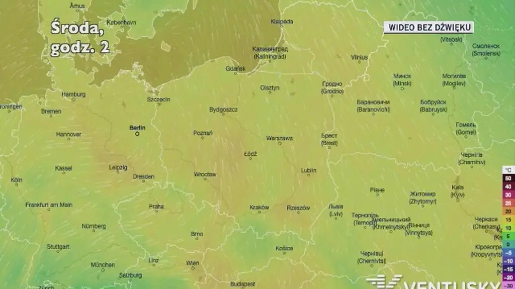 Prognozowana temperatura w kolejnych dniach (Ventusky