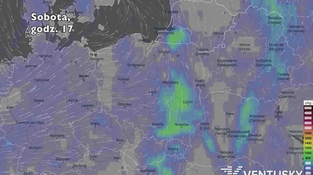 Potencjonalny rozwój burz w ciągu kolejnych dni (Ventusky