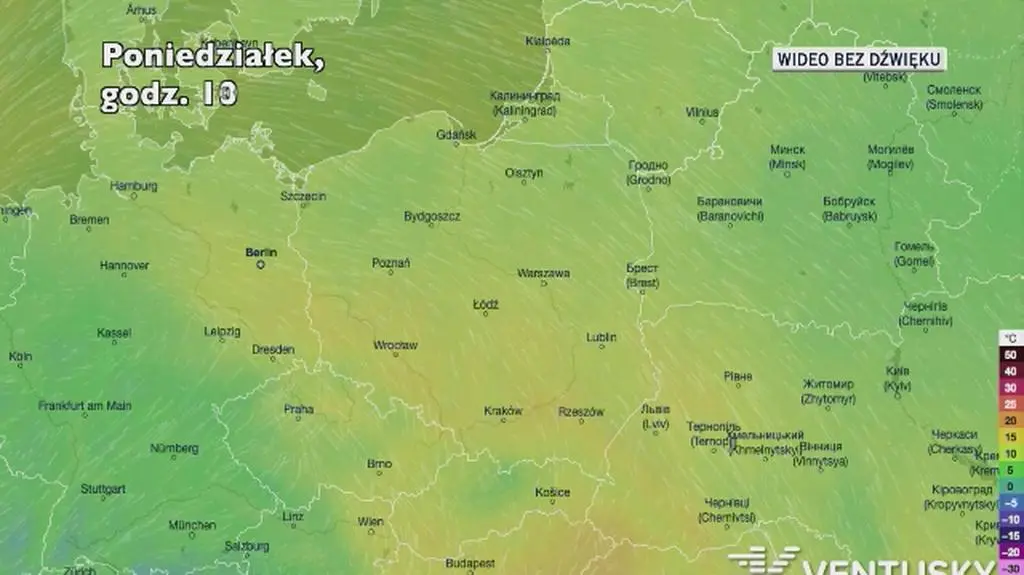 Prognozowana temperatura w najbliższych dniach (Ventusky