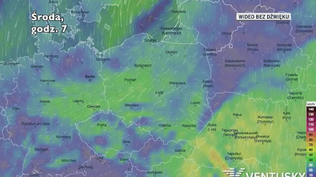 Prognozowane porywy wiatru w kolejnych pięciu dniach (Ventusky