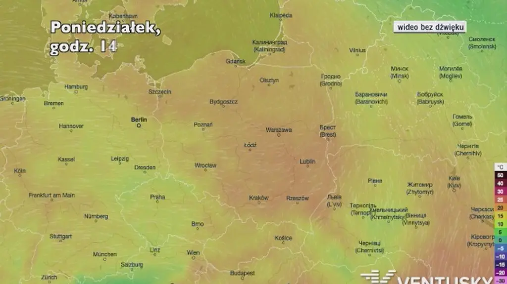 Prognozowana temperatura w najbliższych dniach (Ventusky