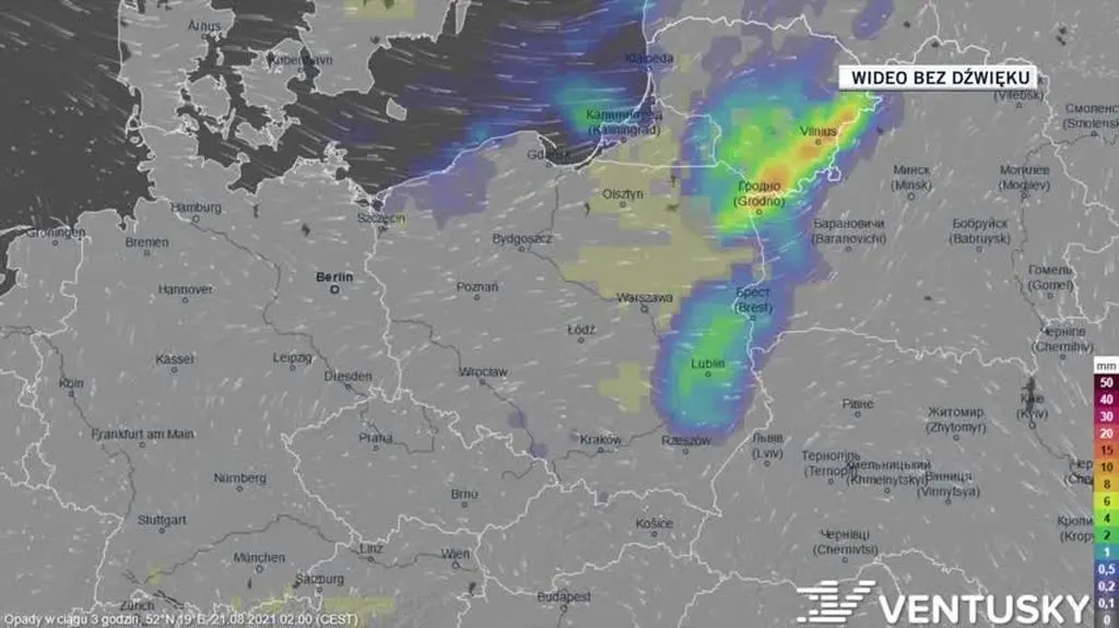 Prognozowane opady w ciągu kolejnych dni 20-08 (Ventusky)
