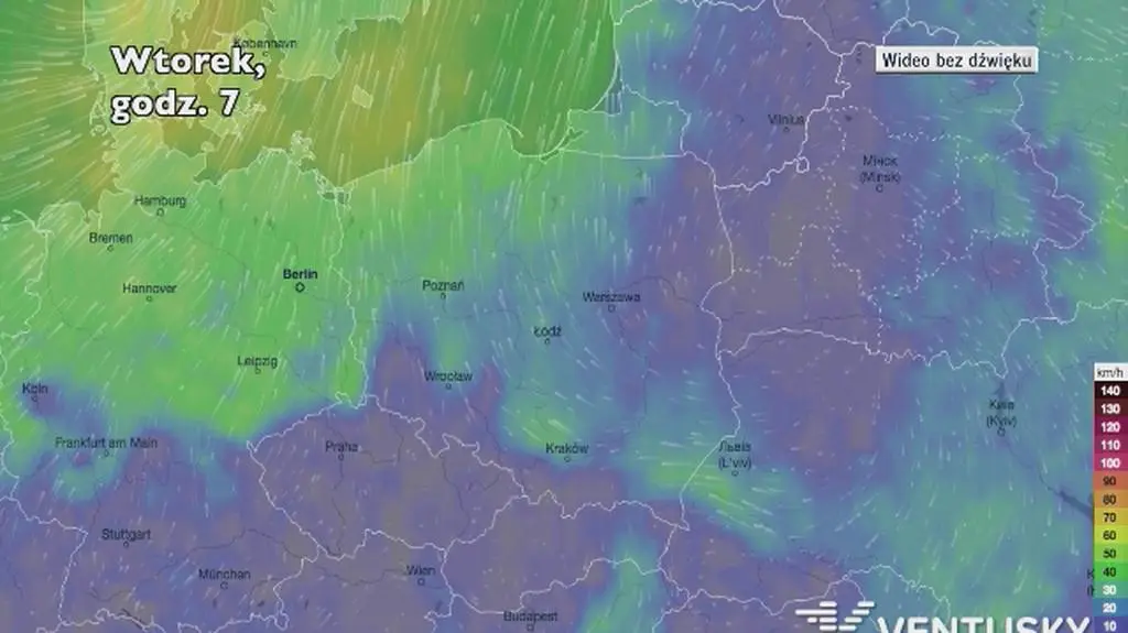 Prognozowana prędkość porywów wiatru w kolejnych pięciu dniach (Ventusky