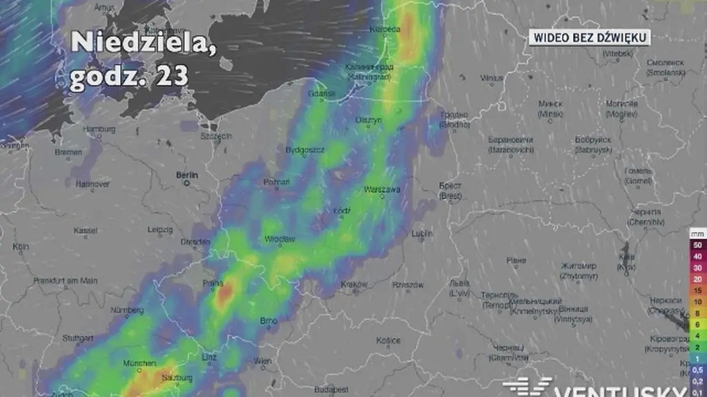 Potencjalne opady deszczu w kolejnych dniach (Ventusky