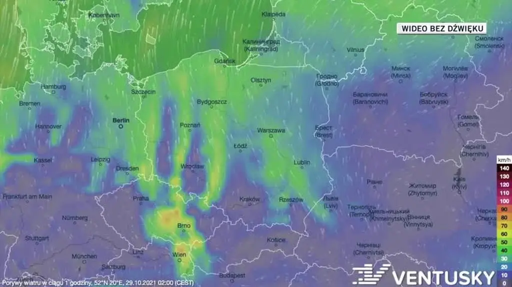 Prognozowane porywy wiatru w dniach 29