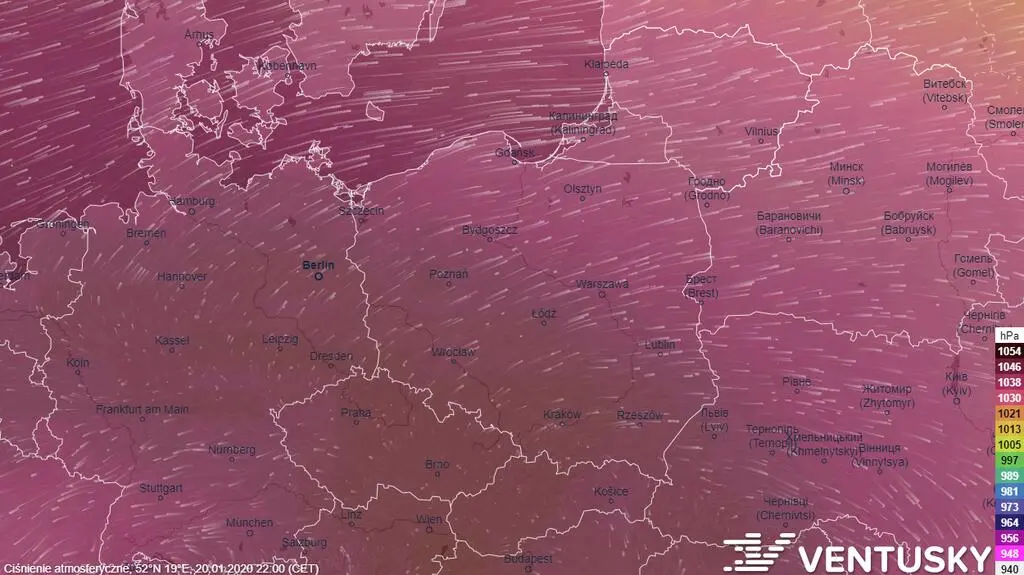 Prognozowane ciśnienie w ciągu kolejnych kilku dni (Ventusky