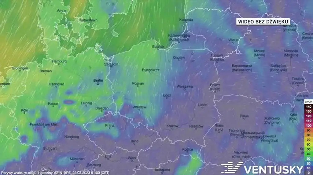 Prognozowane porywy wiatru w dniach 22-26