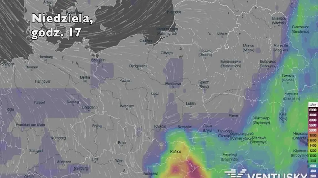 Potencjalne burze w ciągu kolejnych dni (Ventusky