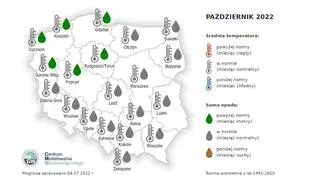 Prognoza średniej miesięcznej temperatury powietrza i miesięcznej sumy opadów atmosferycznych na październik 2022 roku dla wybranych miast w Polsce