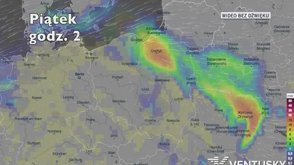 Opady deszczu w ciągu kolejnych pięciu dni (Ventusky