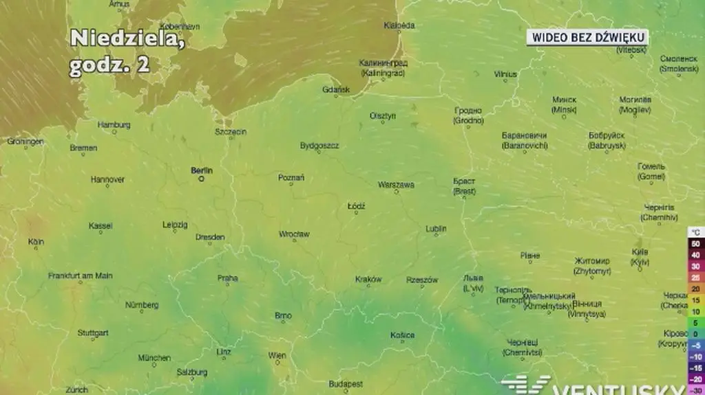 Prognozowana temperatura w kolejnych dniach (Ventusky