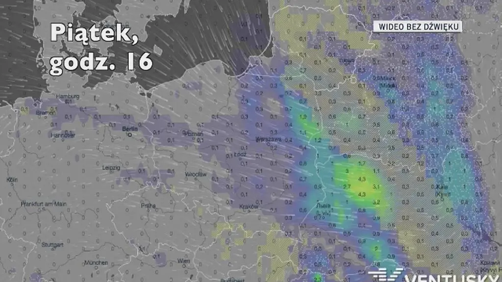 Opady deszczu w ciągu kolejnych pięciu dniu (Ventusky
