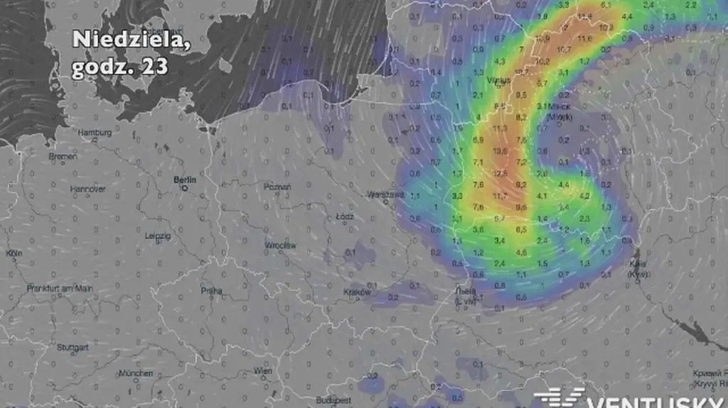 Opady deszczu w ciągu najbliższych pięciu dni (Ventusky