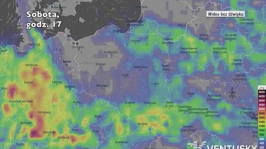 Potencjalny rozwój burz w ciągu najbliższej doby (Ventusky