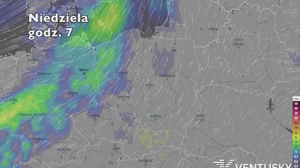 Opady deszczu w ciągu kolejnych pięciu dniu (Ventusky