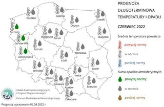 Prognoza średniej miesięcznej temperatury powietrza i miesięcznej sumy opadów atmosferycznych na czerwiec 2022 r. dla wybranych miast w Polsce