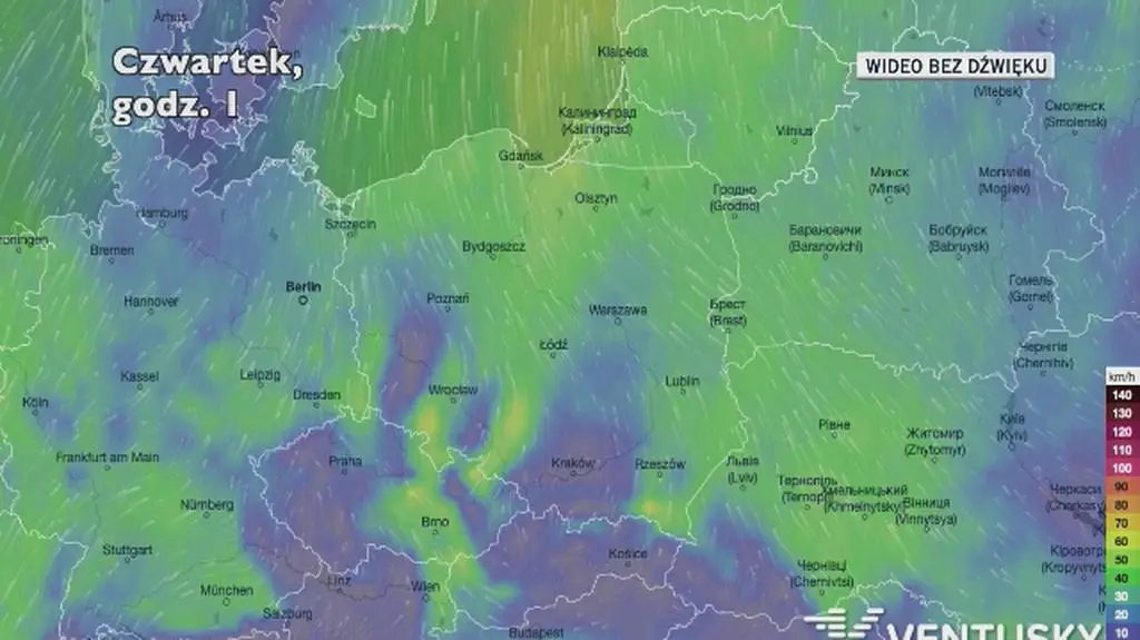 Prognozowane porywy wiatru w ciągu najbliższych dni (Ventusky