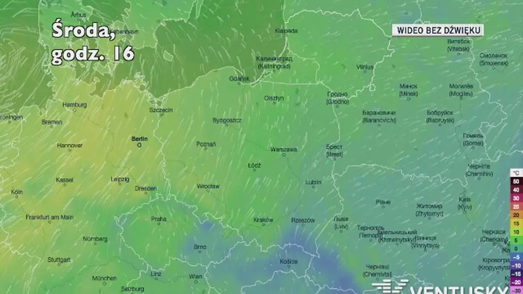Prognozowana temperatura w kolejnych dniach (Ventusky