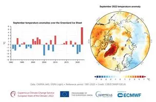 Roczne anomalie wrześniowej temperatury powietrza nad lądolodem Grenlandii w latach 1991-2022 względem okresu referencyjnego oraz mapa anomalii temperatury z września 2022 względem średniej