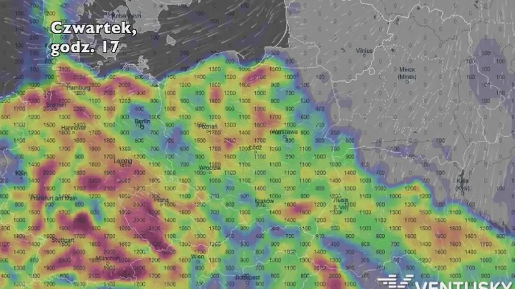 Potencjalny rozwój burz w ciągu pięciu dniu (Ventusky