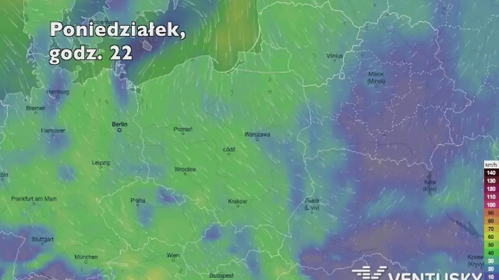 Prognozowane porywy wiatru w najbliższych dniach (Ventusky