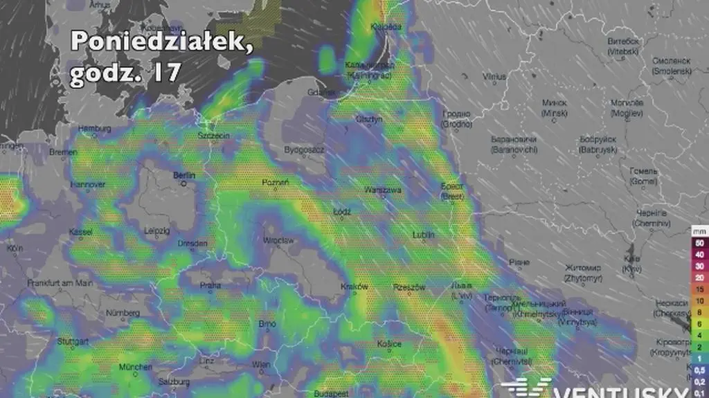 Opady deszczu w ciągu kolejnych pięciu dniu (Ventusky