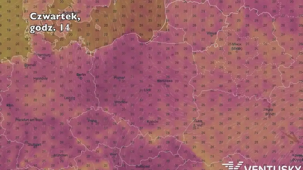 Temperatura w ciągu najbliższych pięciu dni (Ventusky