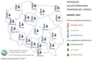 Prognoza średniej miesięcznej temperatury powietrza i miesięcznej sumy opadów atmosferycznych na marzec 2022 r. dla wybranych miast w Polsce