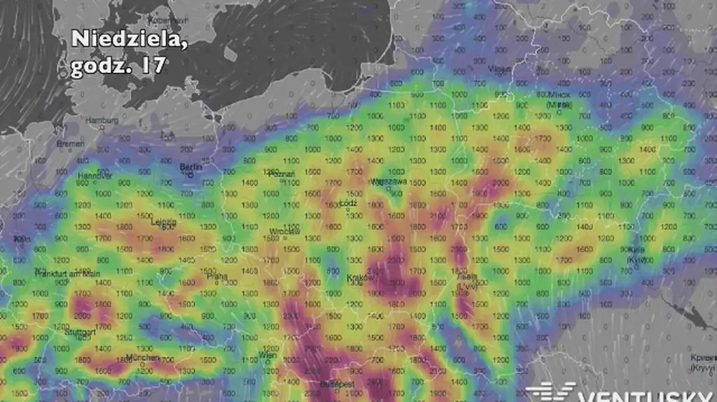 Możliwe miejsca wystąpienia burz (Ventusky